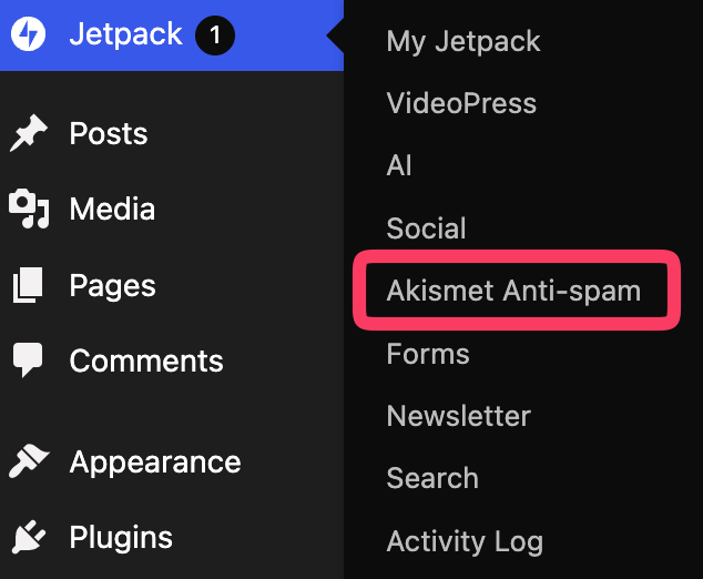 Screenshot showing Jetpack Akismet Anti-Spam menu option.