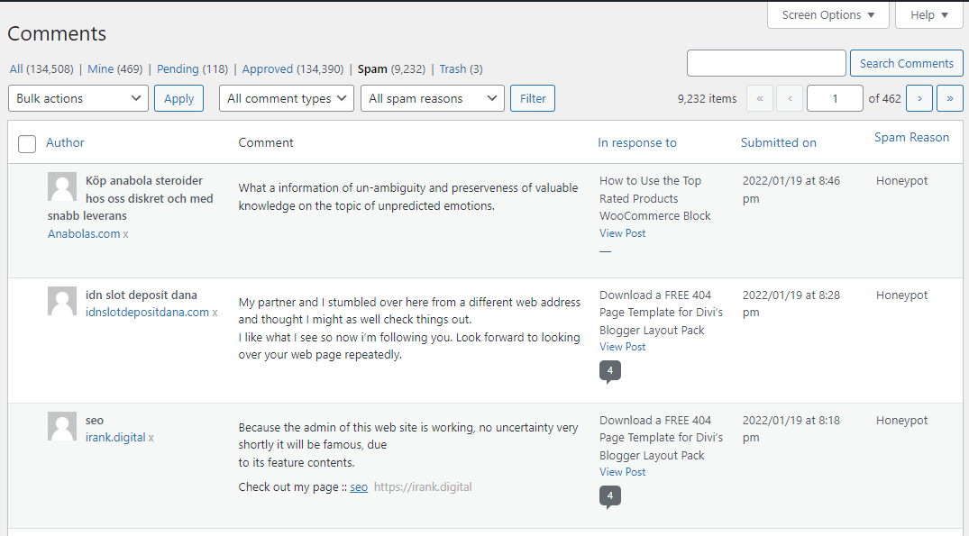 spam comments on a WordPress site