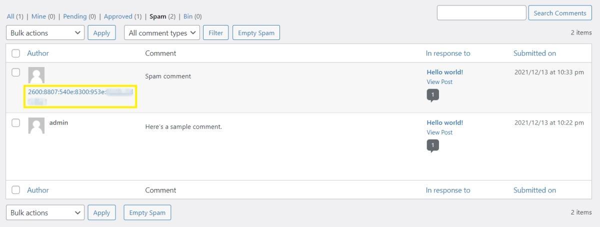 IP address highlighted in WordPress comments