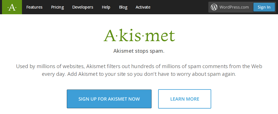Akismet homepage with description of features