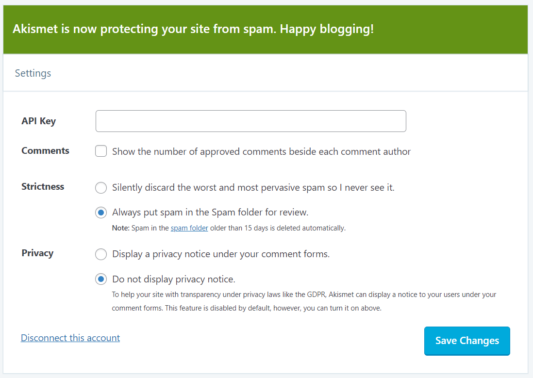 Akismet settings