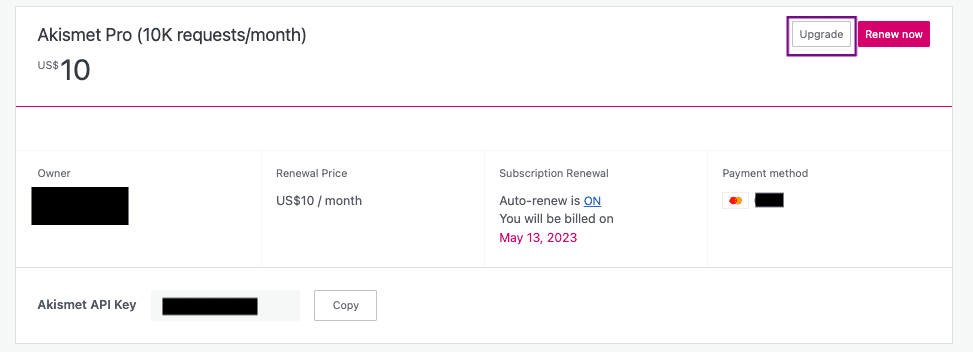 Screenshot of wordpress.com/account/purchases, indicating the Upgrade button for an Akismet purchase