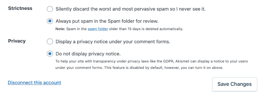Strictness settings for Akismet