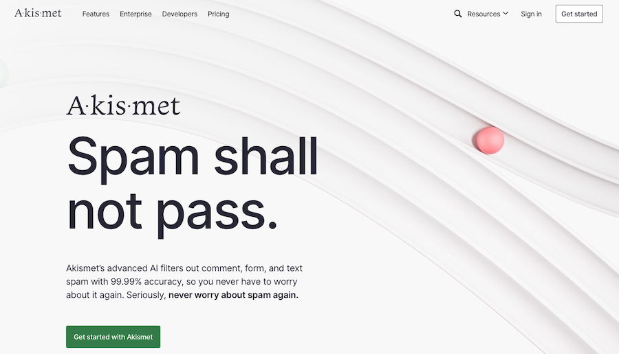 Aksimet homepage with the text, "Spam shall not pass"