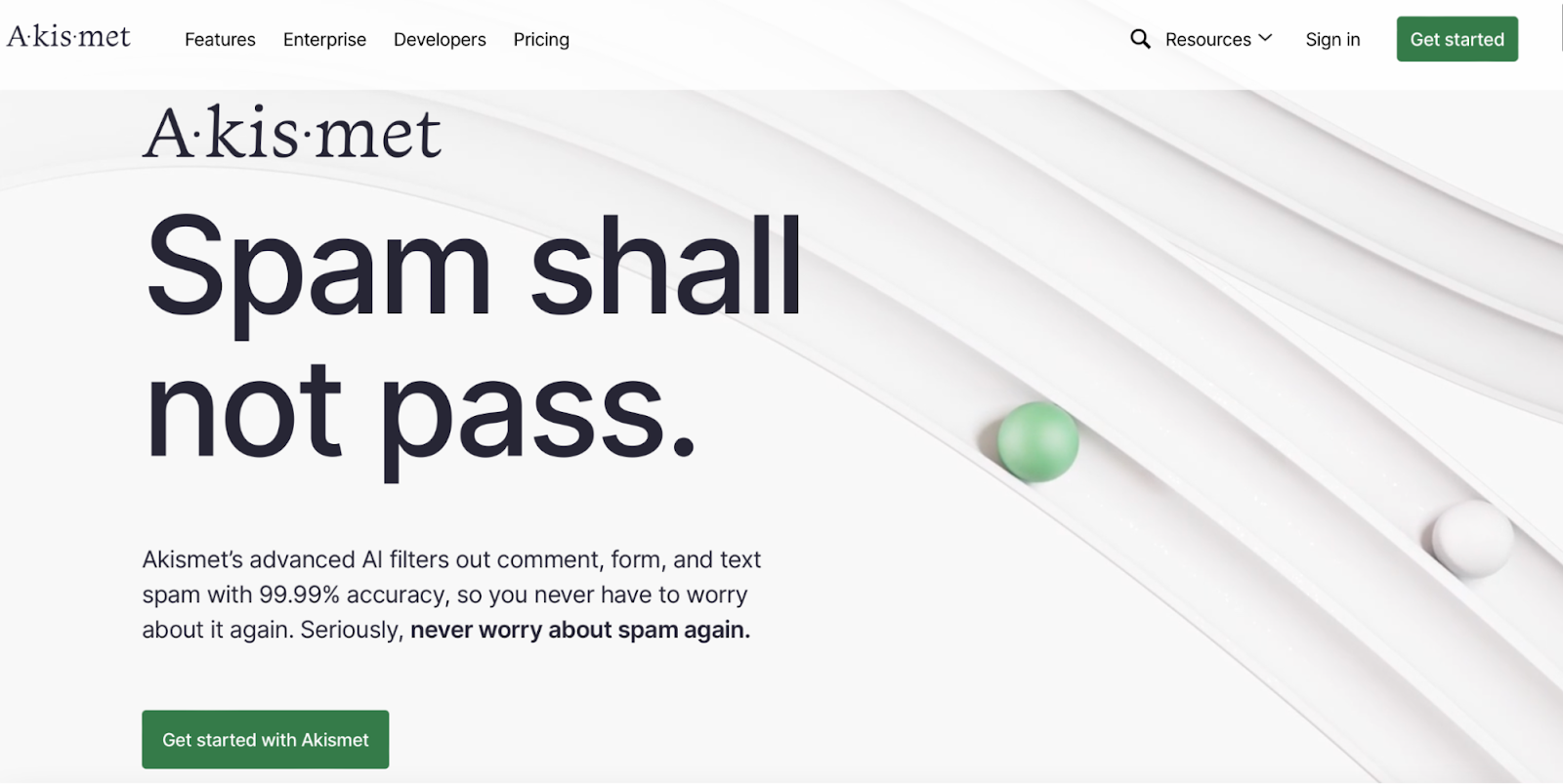 Akismet homepage with information about advanced AI filters