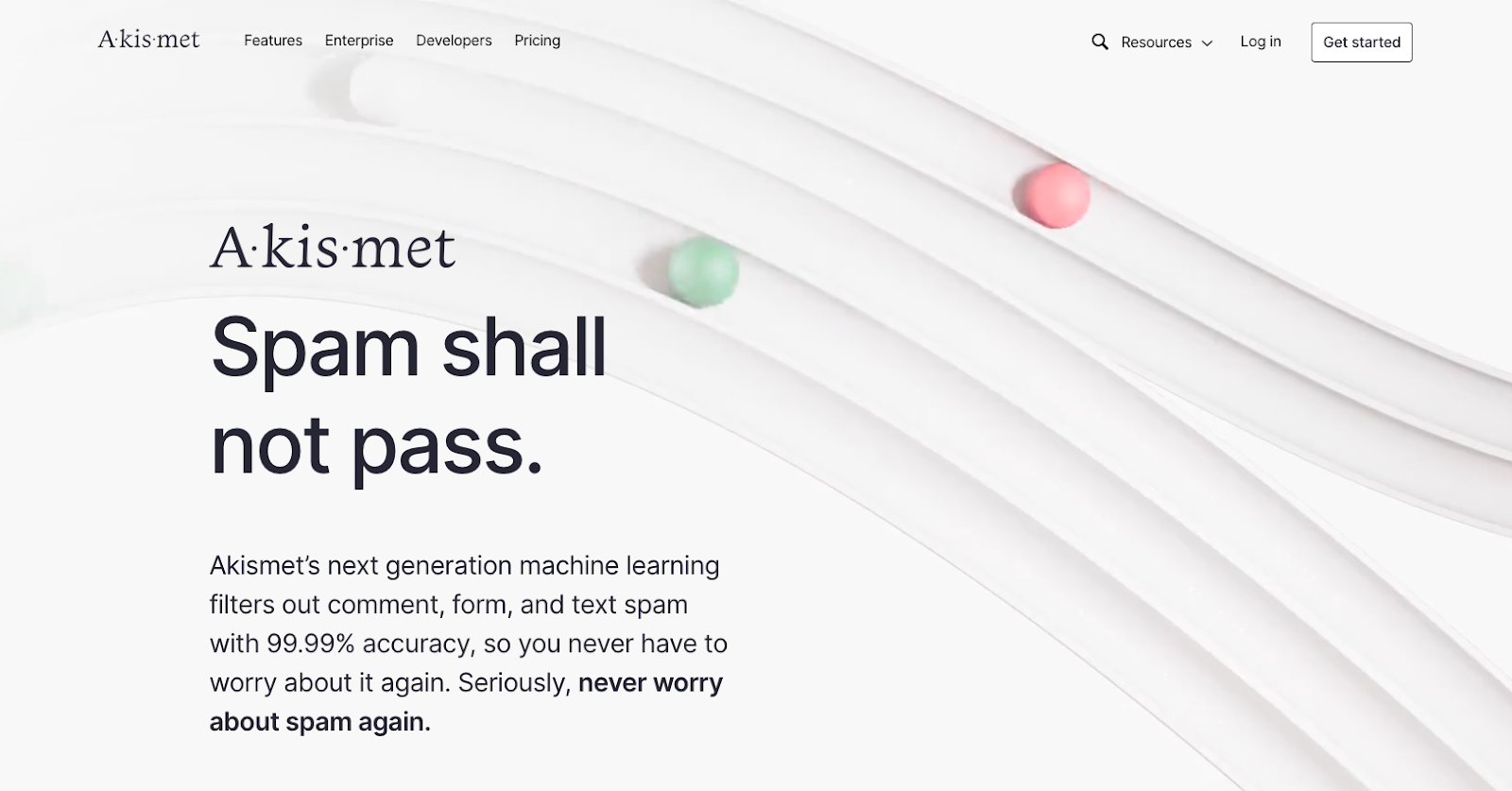 Akismet homepage with the text "spam shall not pass"