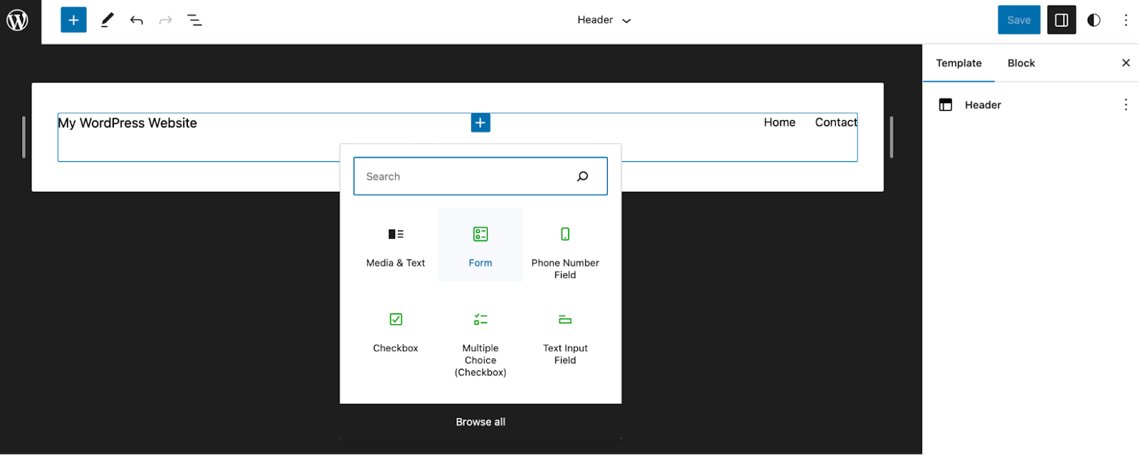 adding a form block to a header