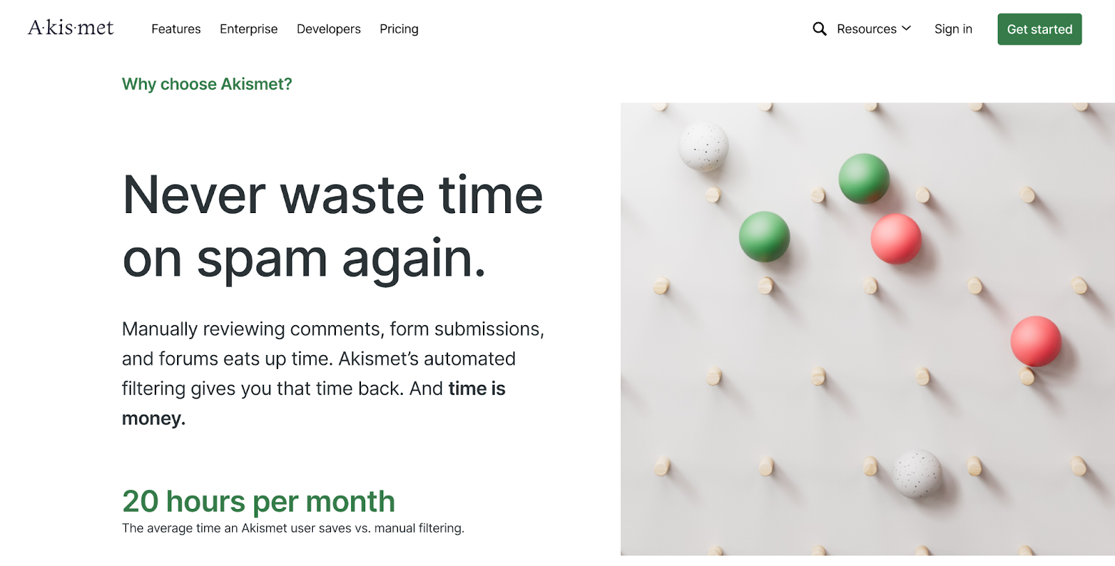 Akismet homepage with the tagline "never waste time on spam again"