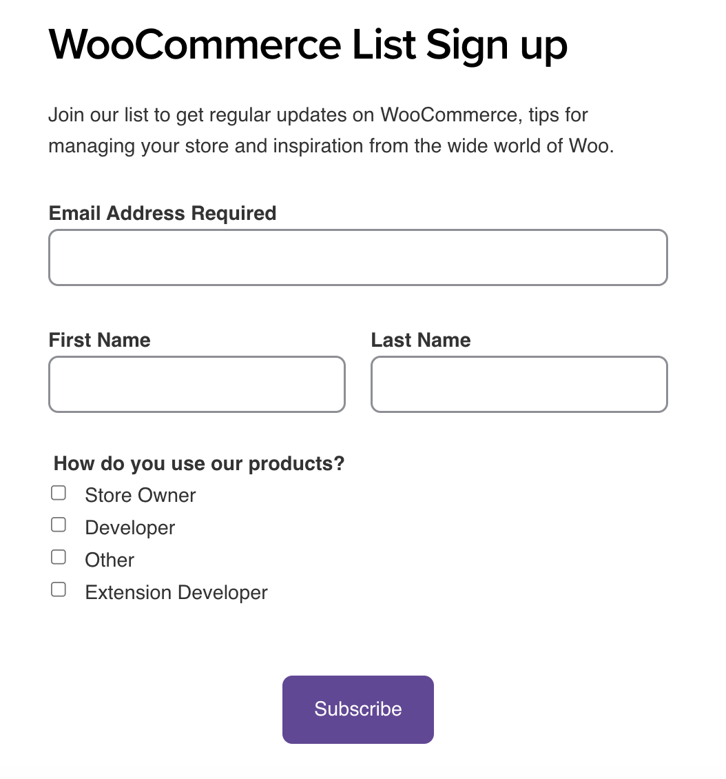 example of email list signup for WooCommerce