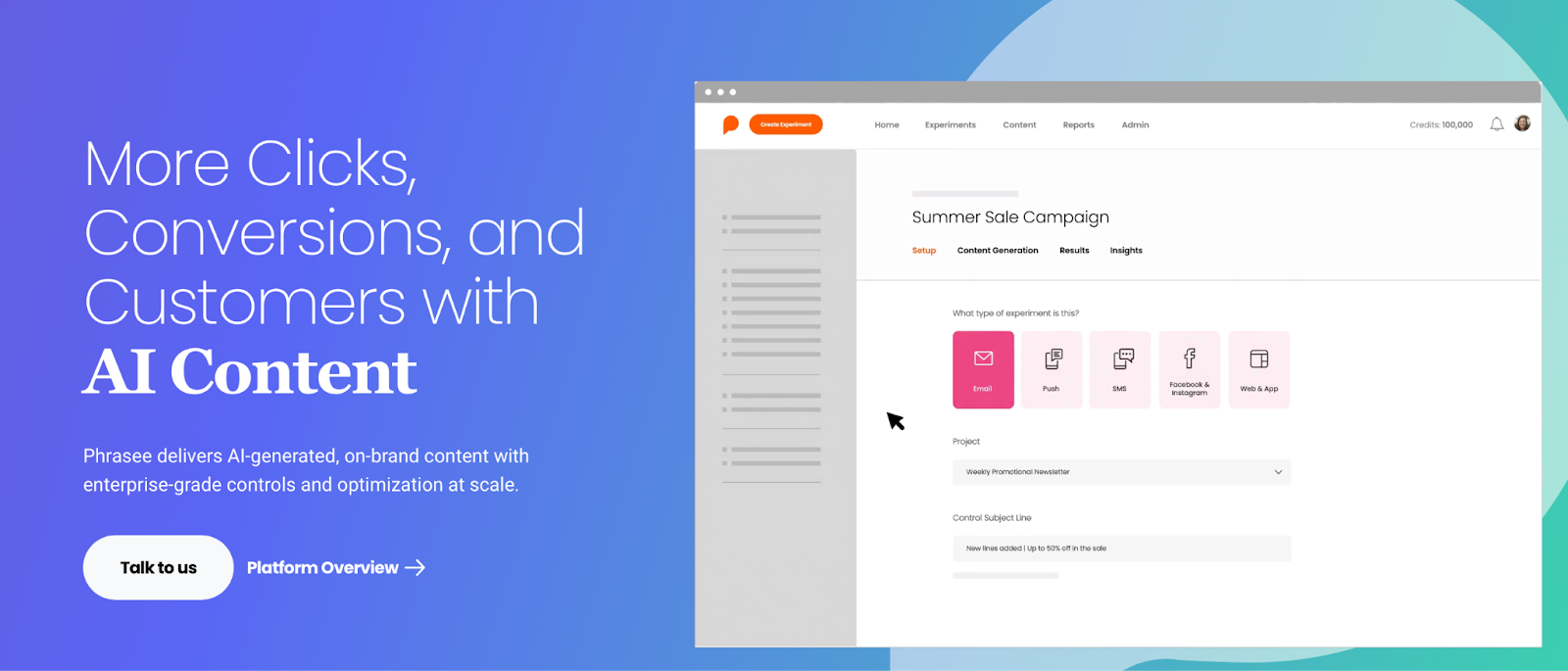 Phrasee homepage with examples of the tool in use