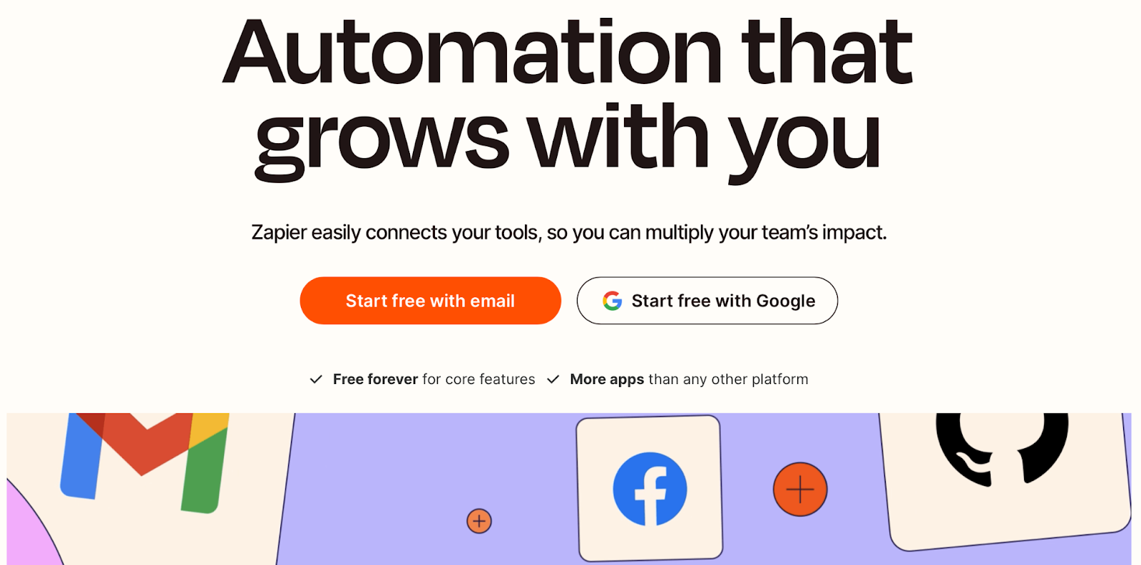 Zapier homepage with icons of tools it integrates with