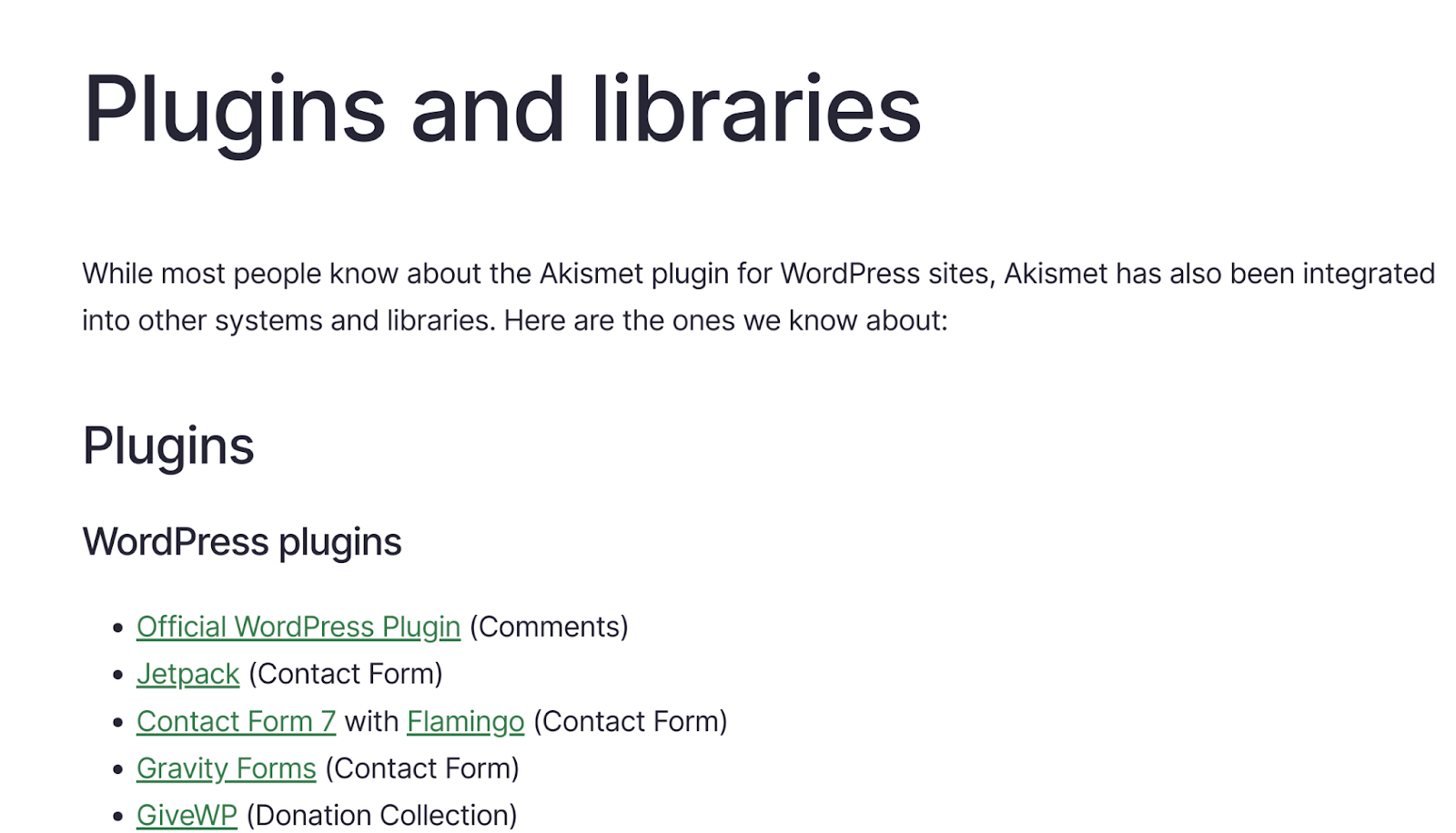list of available Akismet integrations