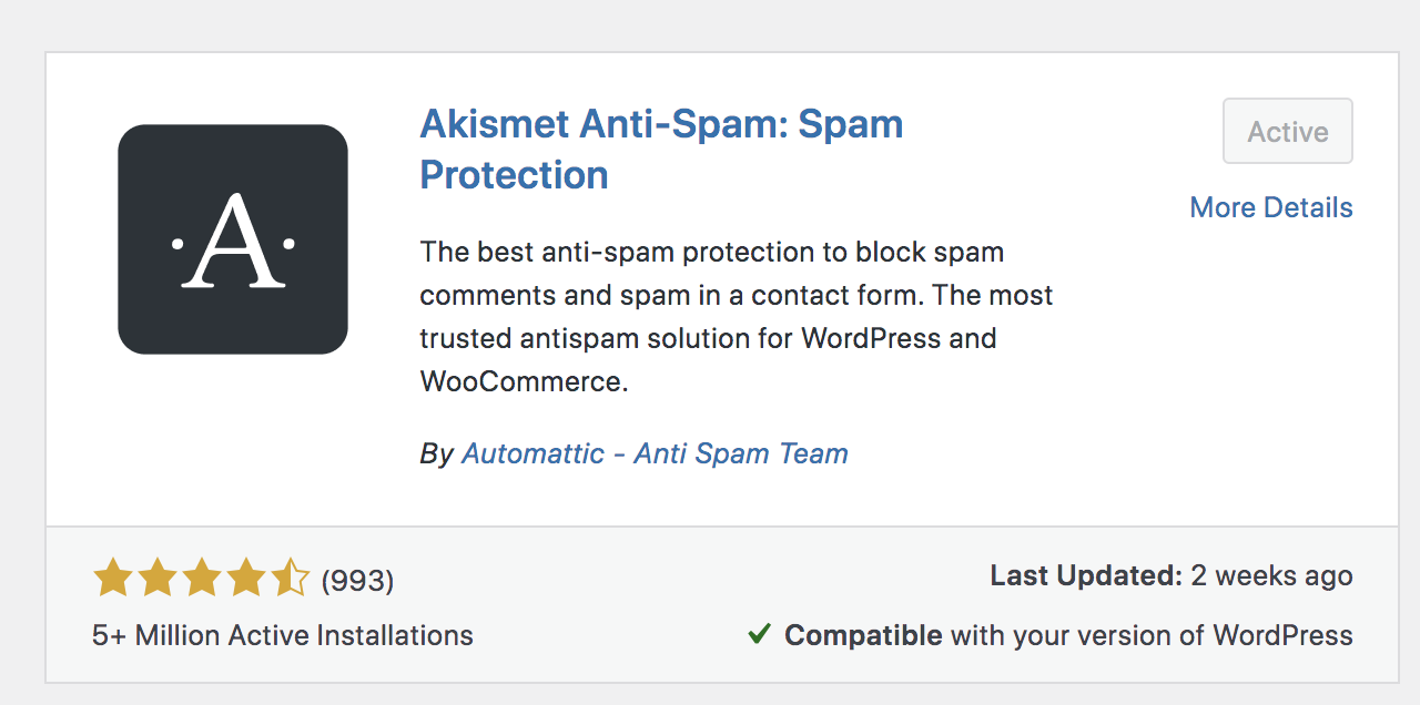Akismet plugin in the WordPress dashboard