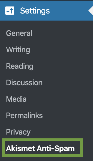 Aksimet Anti-Spam settings in the dashboard