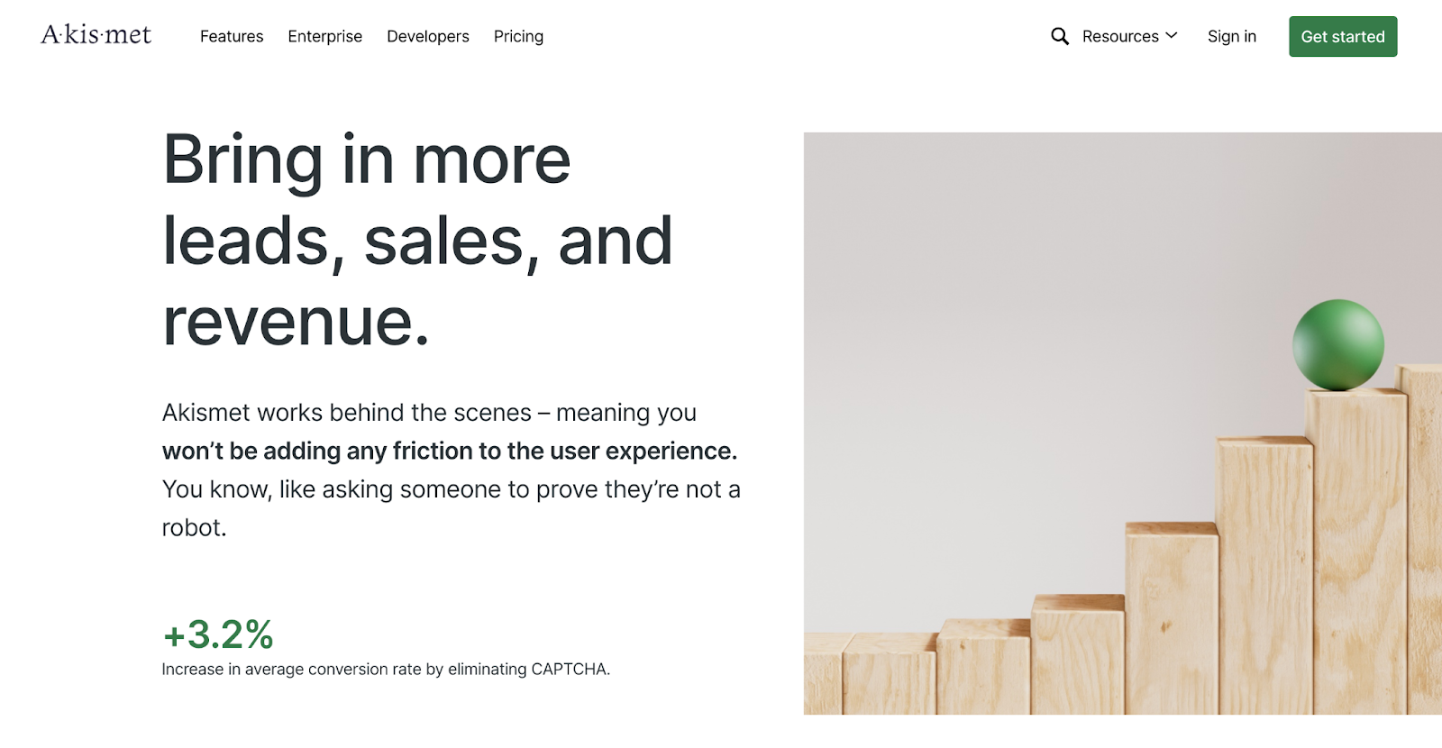 Akismet landing page with the text "bring in more leads, sales, and revenue"