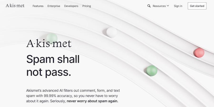 Akismet homepage with the slogan "spam shall not pass"