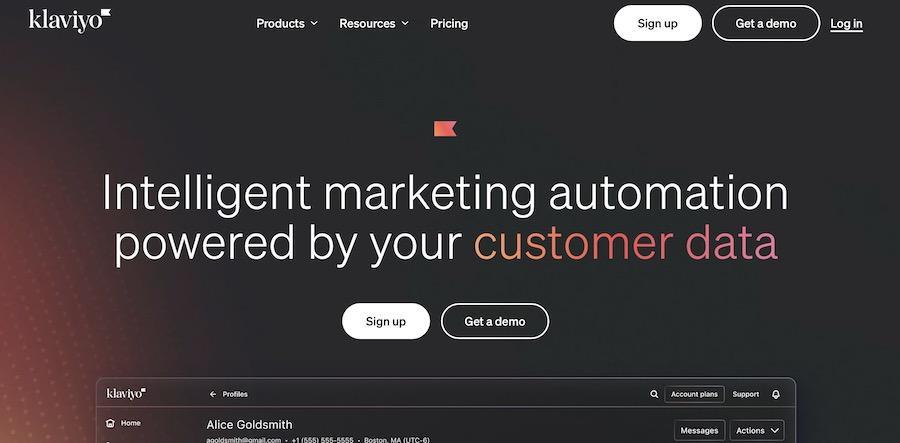 Klaviyo homepage with details about the tool