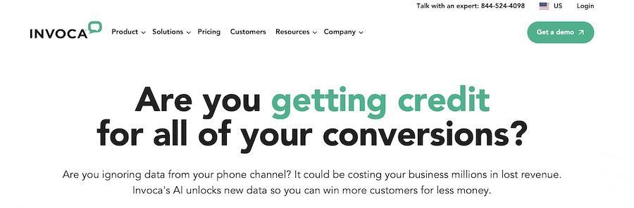 Invoca homepage with a tagline about conversions