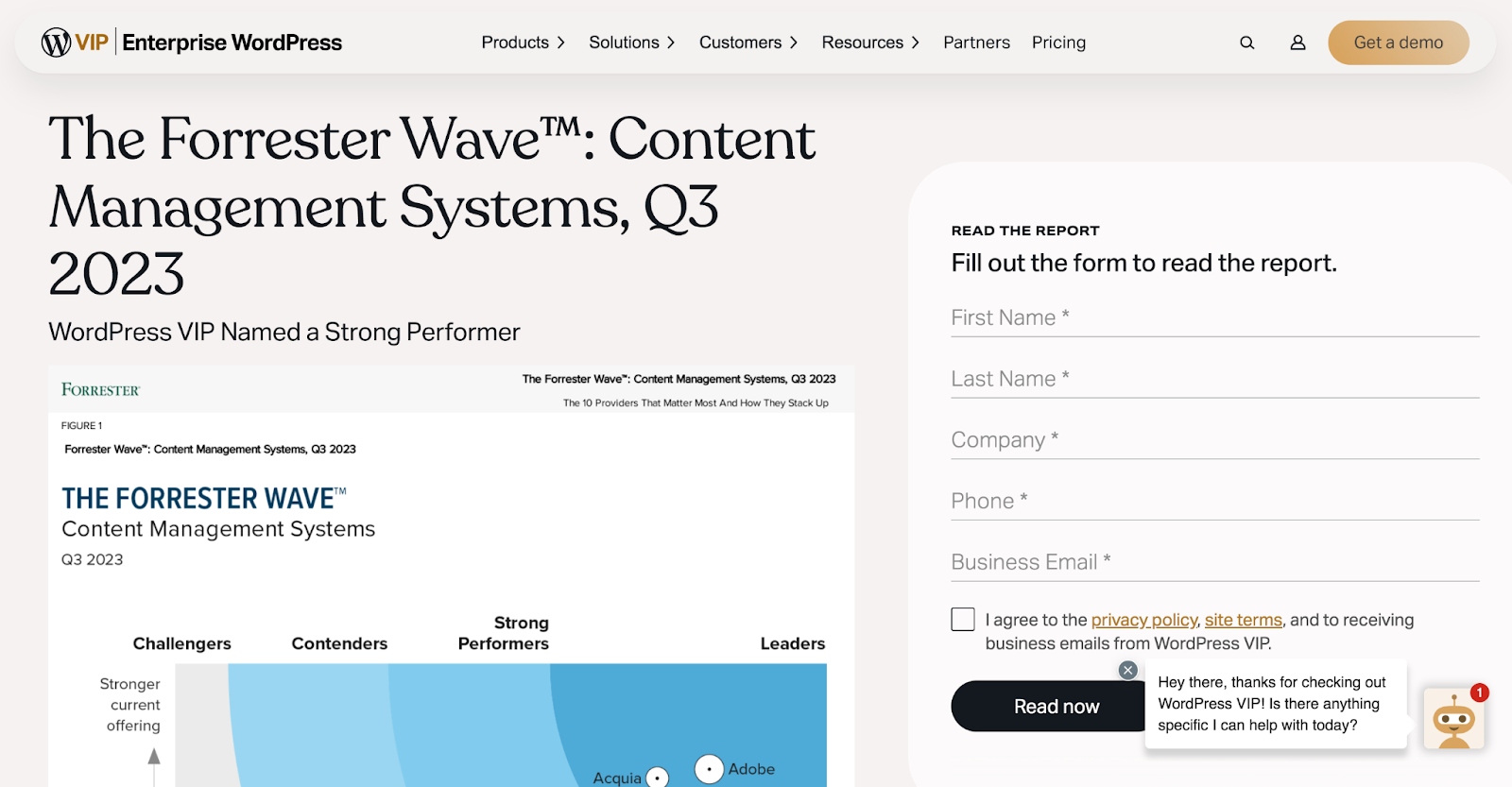 WordPress VIP lead capture with a form and CTA to read a report