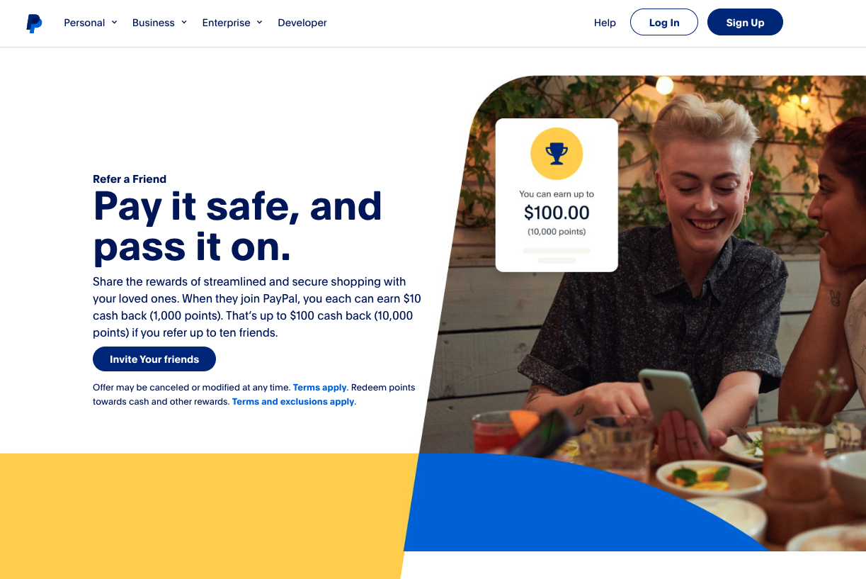 landing page about PayPal's referral program