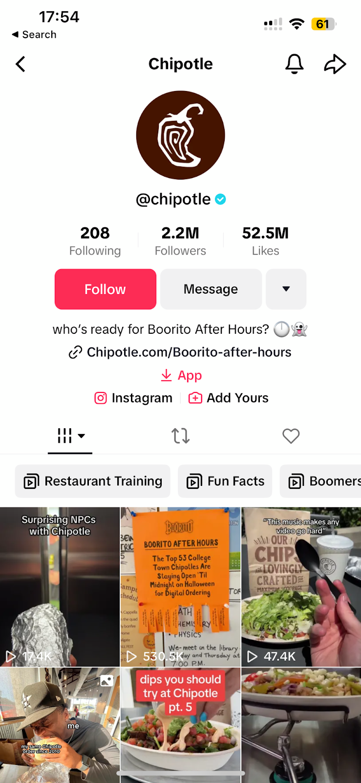 Chipotle Instagram account featuring lots of user-generated content