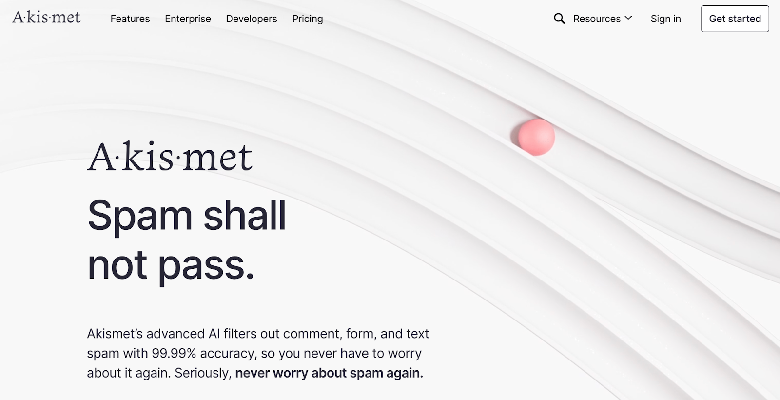Akismet homepage with the text "spam shall not pass"