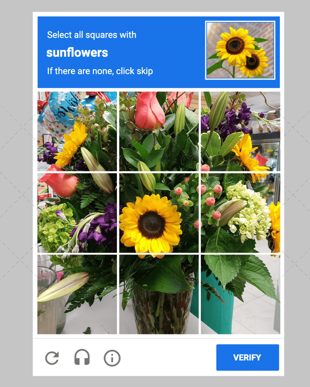 reCAPTCHA with the prompt to select all squares with sunflowers