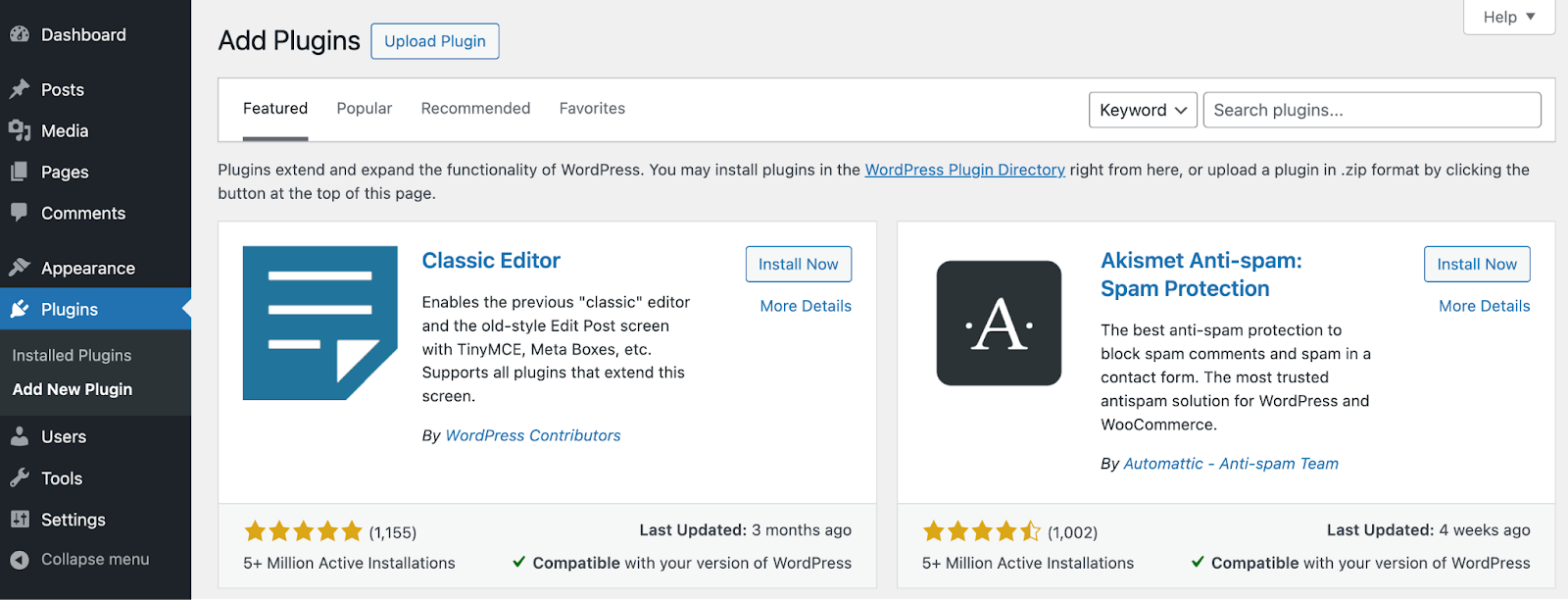 Akismet plugin in the WordPress Plugins section