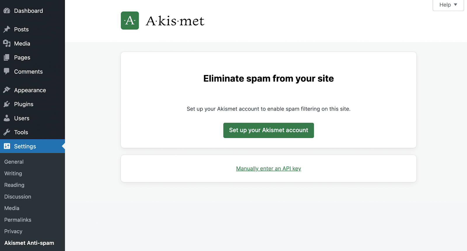 prompt to set up an Akismet account