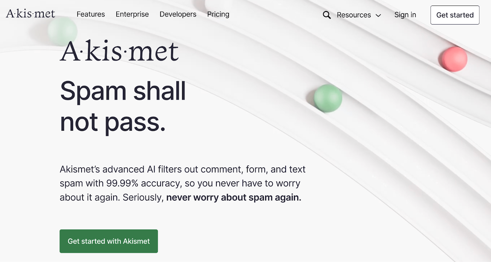 Akismet homepage with the tagline "spam shall not pass"