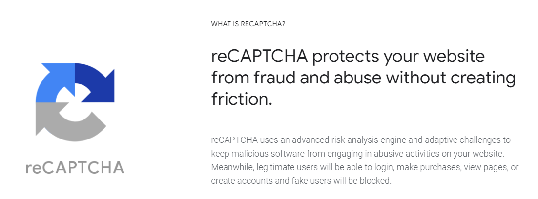 reCAPTCHA homepage with information about the tool