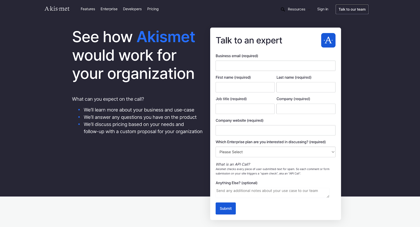 Akismet form with just a few fields