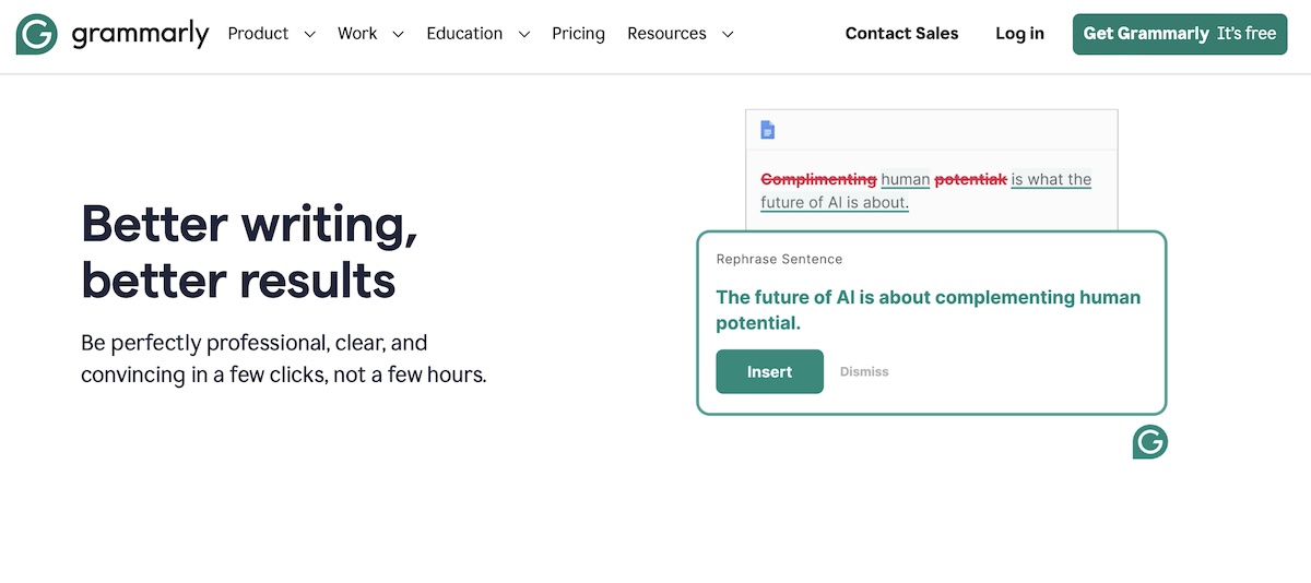 Grammarly homepage with a clear headling