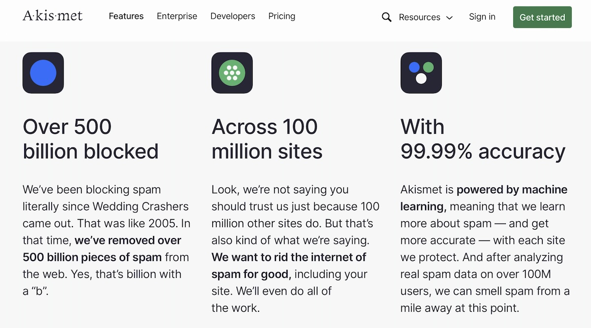 information about Akismet's features