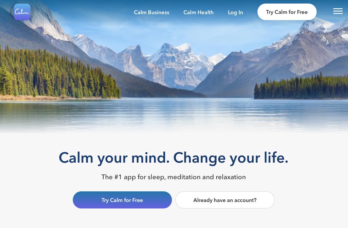 the Calm app website with two CTA buttons
