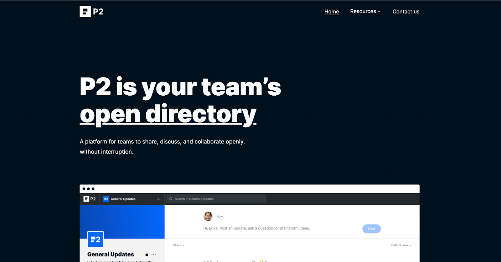 P2 homepage with a clear value proposition