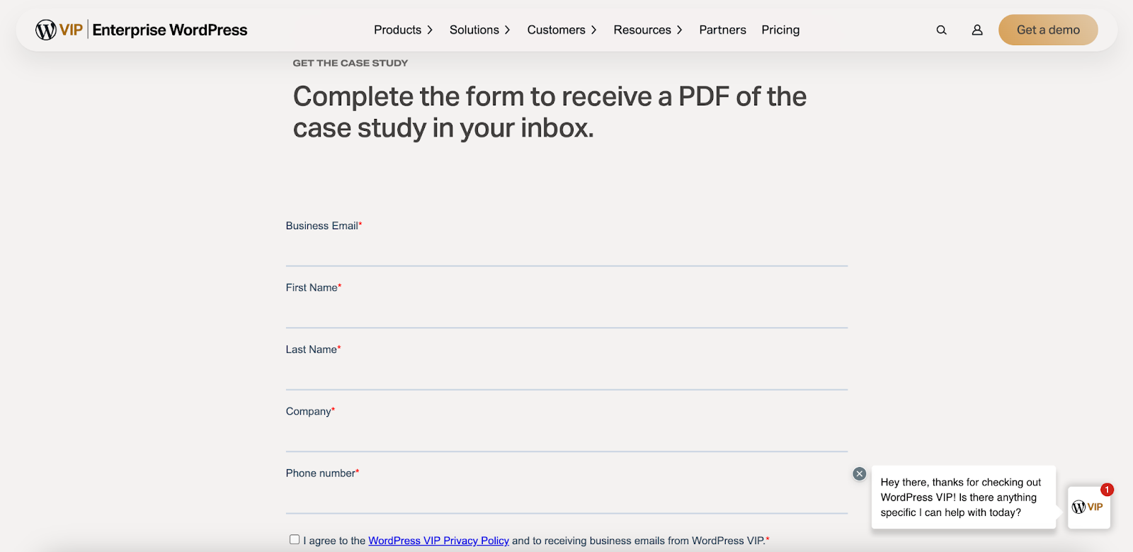 WPVIP lead capture form