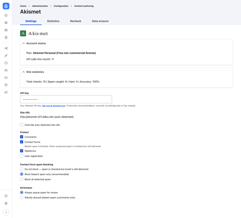 The Akismet settings page in Drupal, with the API key field and the forms Akismet protects.
