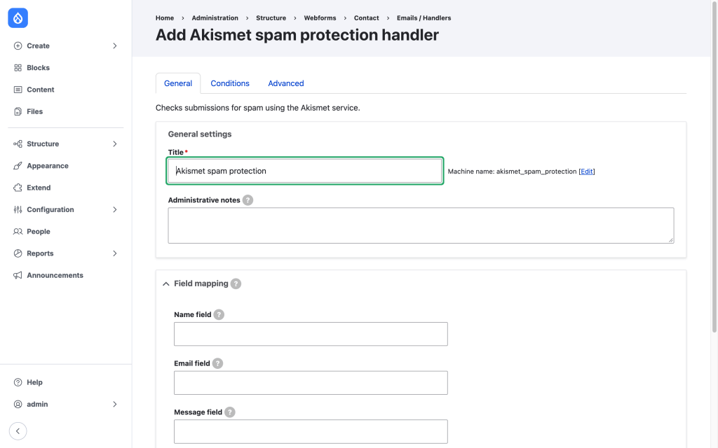 Adding the Akismet spam protection handler to a webform.